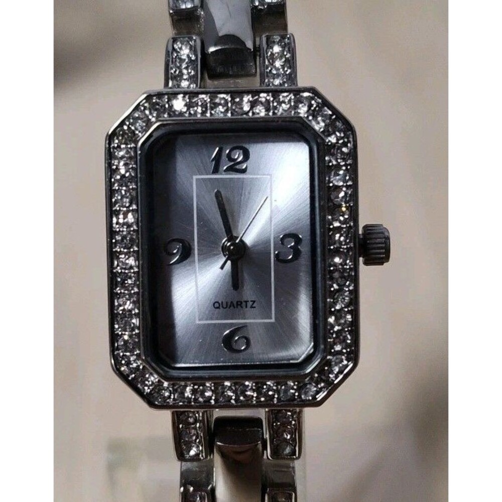 Avon Rectangle Watch Womens Rhinestone Bezel Silver 7.5" Band- New Battery